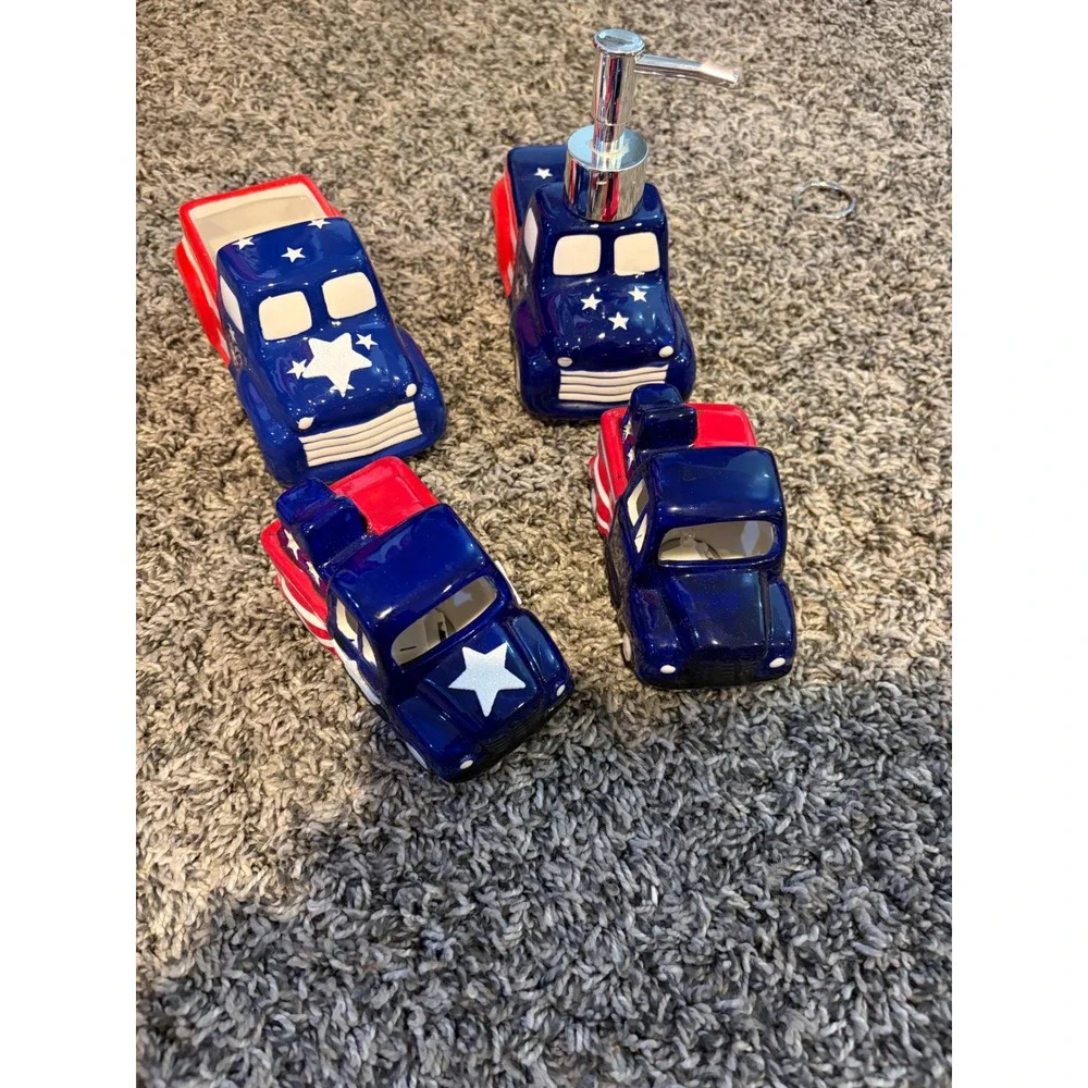 4th of July Patriotic Decor Bundle Ceramic Truck Soap Dispenser Glow Wands Bows